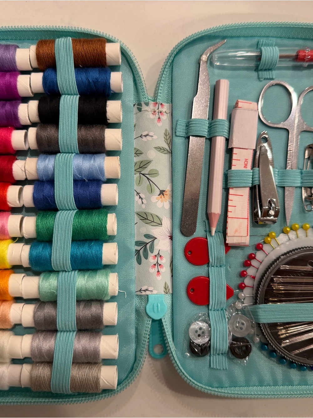 Turquoise floral Sewing Kit Organizer Case with Tools